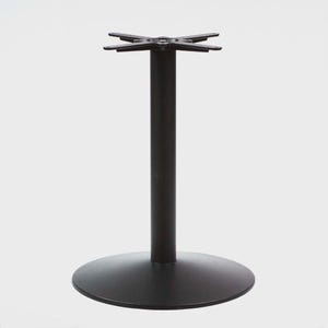 May include: A black metal table base with a round base and a central column. The top features a four-pronged design to support a tabletop. The base is approximately 28 inches tall.