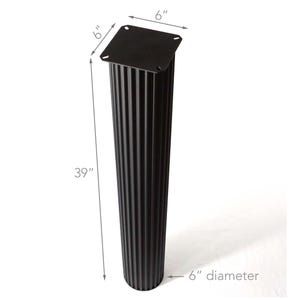 May include: A black, fluted, cylindrical metal table leg featuring a square mounting plate at the top. The leg measures 39 inches in height, with a 6-inch diameter and a 6-inch by 6-inch square top plate, as indicated by the visible dimension labels.