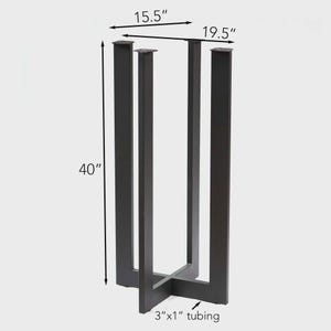 May include: Black metal table legs with dimensions of 15.5" x 19.5" and 40" height. The tubing is 3" x 1". The legs are designed to support a tabletop, offering a modern, industrial aesthetic.