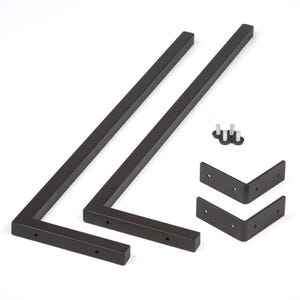 May include: Two dark brown L-shaped shelf brackets with mounting hardware. The brackets are made of metal and have a matte finish. The hardware includes screws and corner brackets for installation. The brackets are designed for supporting shelves.