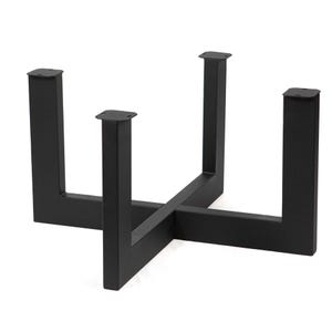 May include: Black metal table base with a modern, geometric design. The base features four square legs connected by a central crossbar, with mounting plates at the top of each leg. The legs are approximately 16 inches tall.