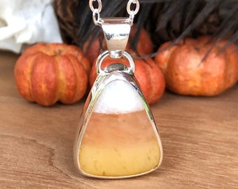 Halloween Candycorn Pendant in Sterling Silver - trick or treat real stone candy corn cabochon plain simple elegant high shine polished