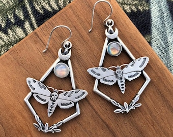 Death's Head Hawk Moth Skull Butterfly Leaves Kite Shape Wire Frame Dangle Earrings Orange Rainbow Moonstone in Sterling Silver