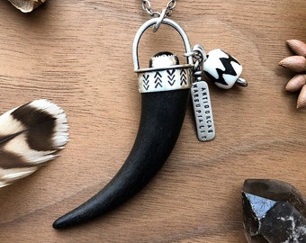 South African Springbok Springbuck horn tip geometric pattern talisman pendant in sterling silver with black onyx & African batik bone bead