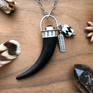South African Springbok Springbuck horn tip geometric pattern talisman pendant in sterling silver with black onyx & African batik bone bead