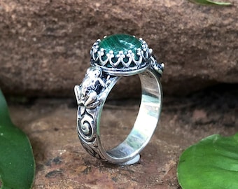 Size 7 - Enchanted Frog Prince Green Malachite Ring Sterling Silver - Swirl Flower Botanical Garden Pattern Crown Boho Indie Fairy Tale