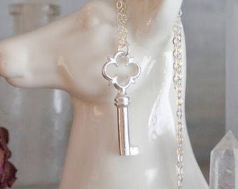 Antique Victorian French Skeleton Key Charm Pendant in Shiny Sterling Silver