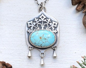 Ornate Snowflake Royston Turquoise Oval Cabochon Winter Frost Spike Kite Dangle Charm Jewelry Pendant in Sterling Silver winter ice queen