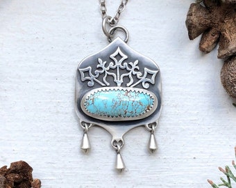 Ornate Snowflake Royston Turquoise Oblong Oval Cabochon Winter Frost Spike Kite Dangle Charm Jewelry Pendant in Sterling Silver