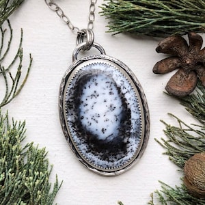 Invincible Summer Dendritic Opal Oval Baltic Amber Winter Forest Pine Tree Albert Camus Quote Stamped Jewelry Pendant in Sterling Silver