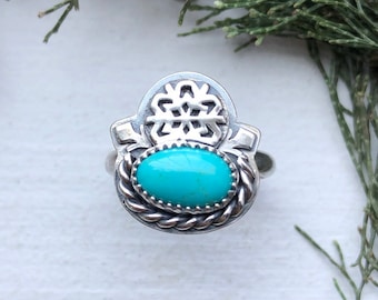 Size 6.5 - Snowflake candy cane twisted wire ring with King's Manassa turquoise cabochon Sterling Silver everyday jewelry winter ice queen