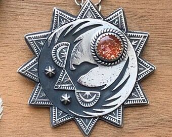 Phoenix Firebird Amulet Talisman Handstamped Pendant with Orange Sunstone in Sterling Silver Native American Triangle Feather Pattern Stamp
