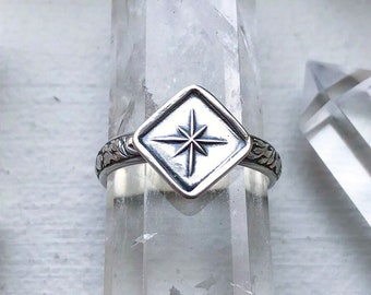 Made To Order - North Star Stack Ring Stamped in Sterling Silver on scroll etched engraved band celestial jewelry 8 pointed star