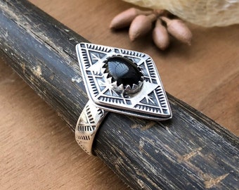 Size 7.5 - Southwestern Style Black Onyx Handstamped Ring in Sterling Silver lozenge shape Native American Stamp Triangle Feather Pattern