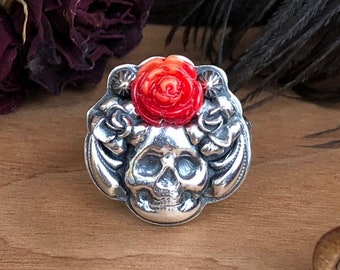 Size 6.5 - Calaverita Skull Ring with Carved Red Coral Rose in Sterling Silver - flower crown scrollwork leaf engraved band Day of the Dead