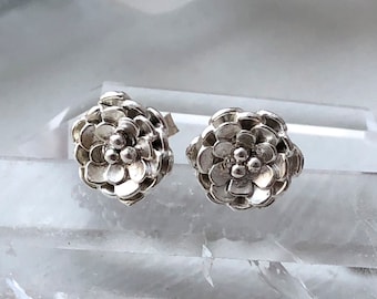 Dainty Flower Stud push back Earrings in Sterling Silver Elegant Floral Hexagon Rose 3D Shape metal layers and granulation balls no stone