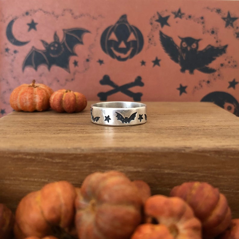 Size 7 34 Starry Bat Stamped Flying Bats Stars Stack Ring for Halloween in Sterling Silver