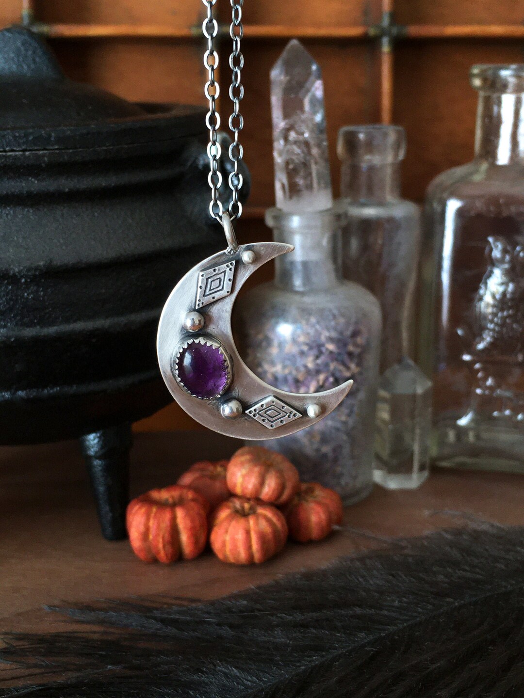 Crescent Moon Amethyst Pendant in Sterling Silver With Stamped Lozenge ...