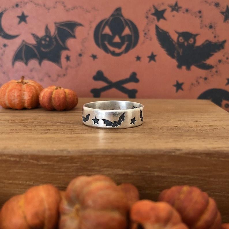 Size 7 34 Starry Bat Stamped Flying Bats Stars Stack Ring for Halloween in Sterling Silver
