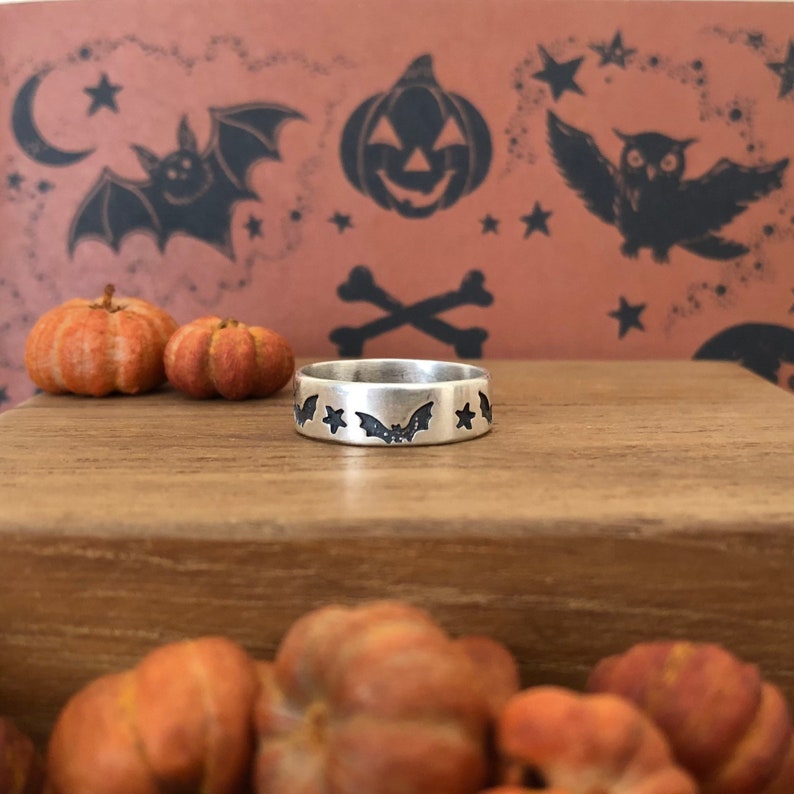 Size 7 34 Starry Bat Stamped Flying Bats Stars Stack Ring for Halloween in Sterling Silver