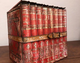 Antique 1900's Huntley & Palmers British Biscuit Tin - History of Reading “Library” Red Book Bundle with Strap