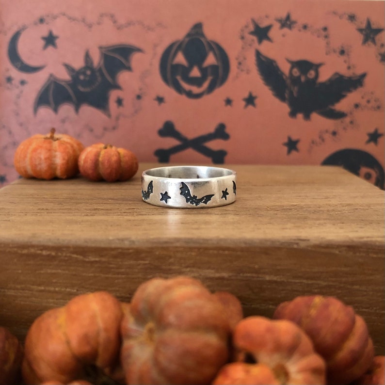 Size 7 34 Starry Bat Stamped Flying Bats Stars Stack Ring for Halloween in Sterling Silver