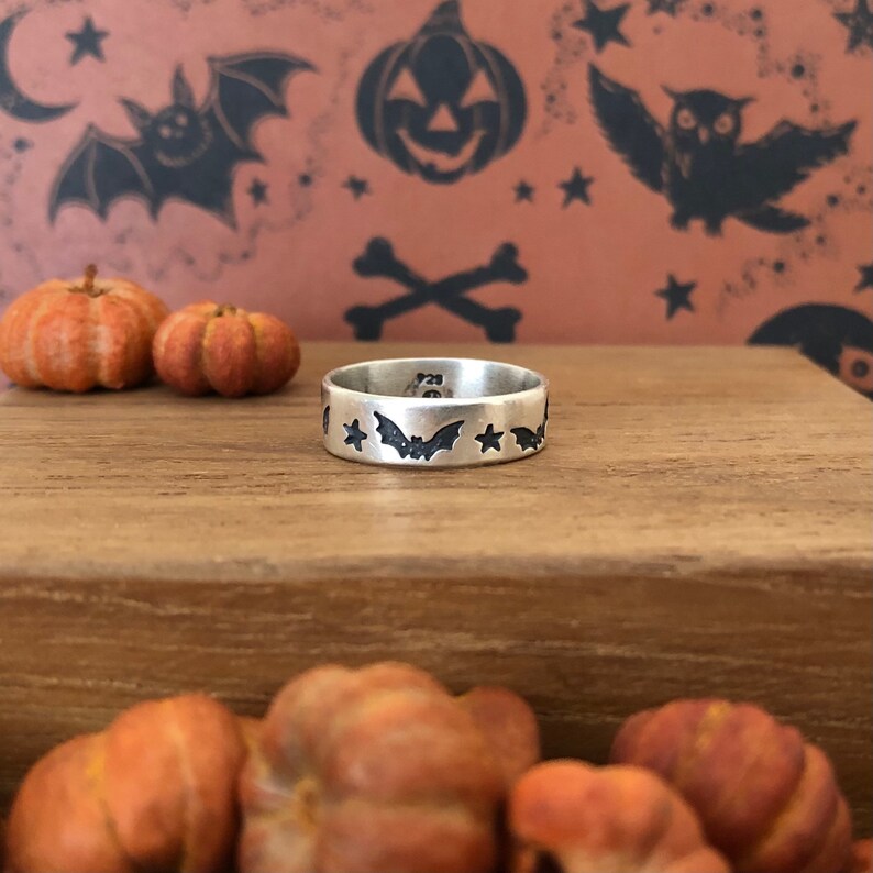 Size 7 34 Starry Bat Stamped Flying Bats Stars Stack Ring for Halloween in Sterling Silver