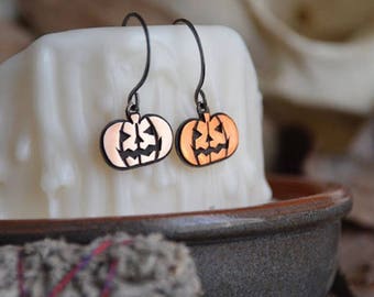 Hocus Pocus Stamped Jack-O-Lantern Pumpkin Spooky Fun Earrings for Halloween in Sterling Silver and Copper