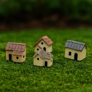Set of 4 Fairy Miniature Thatched Cottages – Tiny Garden Decorations, Terrarium Accessories, Fairy Garden Supplies, DIY Moss Landscape Decor