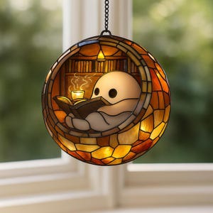 Spooky Reading Nook Window Decor for Halloween | Custom Reading Book Ghost Faux Stained Glass Acrylic Suncatcher | Gothic Book Lovers Gift.