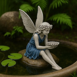 Sitting Fairy Garden Statue with Flower Bowl | Whimsical Resin Figurine for Patio, Planter, Lawn & Outdoor Fairy Decor Accent.