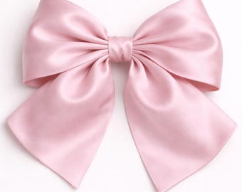 Pink Satin Bow Hair Accessory French Barrette Clip Large Size Statement Piece Kawaii Style Feminine Look Elegant Design Wedding Appropriate