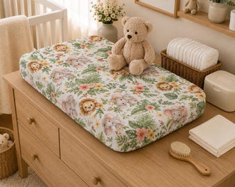 Safari Changing Pad Cover, Jungle Animal Nursery Decor, Lion Elephant Baby Changing Table Cover, Botanical Baby Nursery, Baby Shower Gift