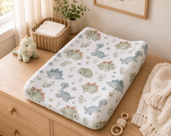 Aankleedkussenhoes met dinosaurusprint, decoratie voor de babykamer van een jongen, saliegroen-blauwe aankleedkussenhoes met dinosaurusprint, neutrale babykamer met dinosaurusprint