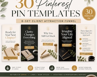 Editable Pinterest Pin Templates for Coaches, 30 Canva Pins for Client Attraction Marketing