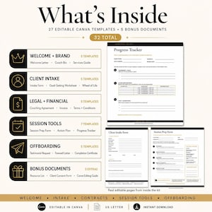 Coaching templates showing client onboarding documents, intake forms, welcome materials and professional coaching forms.