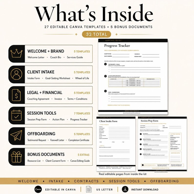 Coaching templates showing client onboarding documents, intake forms, welcome materials and professional coaching forms.