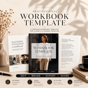May include: A professional workbook template featuring a central cover with a person in a beige suit, flanked by two open pages. Text includes 'PROFESSIONAL WORKBOOK TEMPLATE', 'MASTERING INSTAGRAM WORKBOOK', '40 PAGES', and 'US LETTER 21.59 x 27.94 cm'.