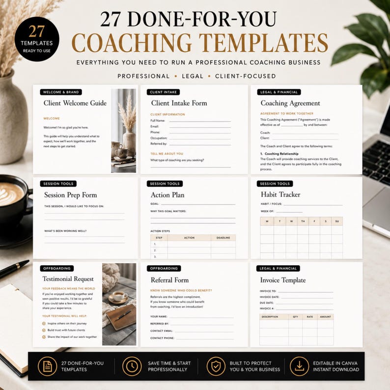 27 editable Canva coaching templates for client onboarding, intake forms, welcome packets and coaching documents.