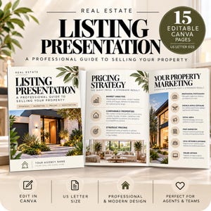 May include: A 15-page real estate listing presentation template in US letter size, featuring a professional guide for property sales. The document includes sections on pricing strategy and property marketing with text, icons, and images of modern homes.