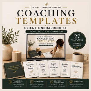 Client onboarding kit for coaches featuring 27 editable Canva templates including client intake forms, welcome documents, session tools and coaching business templates.