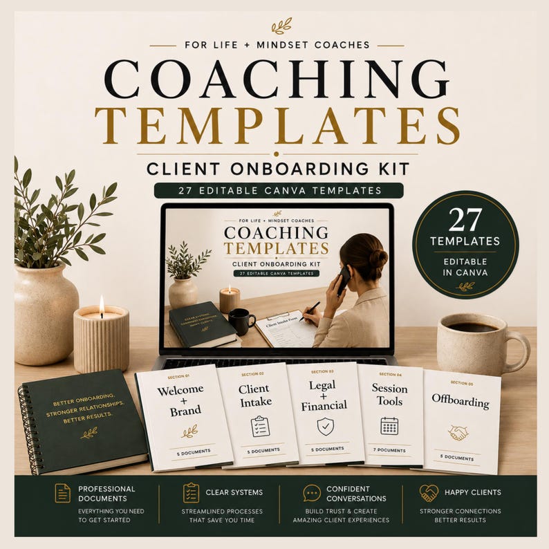 Client onboarding kit for coaches featuring 27 editable Canva templates including client intake forms, welcome documents, session tools and coaching business templates.