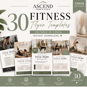 May include: A collection of 30 fitness flyer templates by Ascend Growth Studio, featuring editable Canva designs. The templates display various exercise imagery, placeholder text for studio names, services, and contact details in a neutral colour palette.