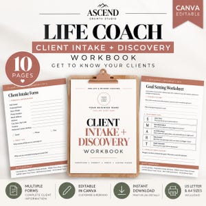 Peut inclure: Un modèle de cahier d'exercices pour le suivi et la découverte des clients de coach de vie avec 10 pages. Le document comprend un presse-papiers avec une page de couverture, un formulaire d'admission et une fiche d'objectifs en blanc et terre cuite.