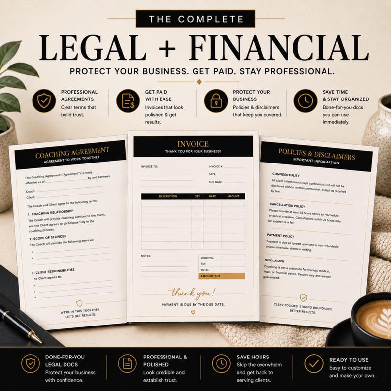Coaching forms and business documents including service agreements, policies, client forms and financial templates.