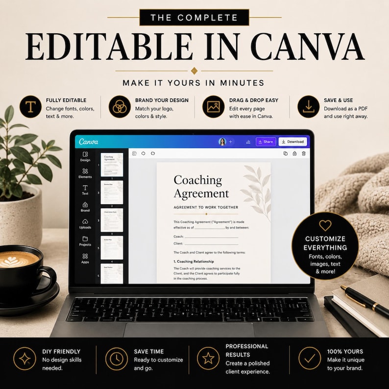 Editable Canva templates for coaches with customisable colours, fonts, logos and branding.