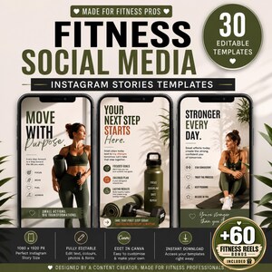 May include: A digital collection of 30 editable fitness social media Instagram story templates featuring olive green and white colour schemes. The designs include motivational text, fitness imagery, and icons. A bonus of 60 fitness reels is included.