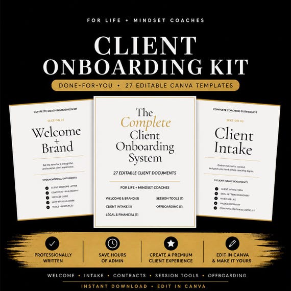Client Onboarding Kit for Coaches, 27 Editable Canva Templates for Intake Forms & Welcome Packets