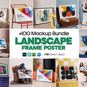 May include: A collection of framed landscape posters with various abstract designs and mockups. The posters feature bold colors and geometric shapes. The image includes the text "+100 Mockup Bundle LANDSCAPE FRAME POSTER" and the words "Poster Mokcup".