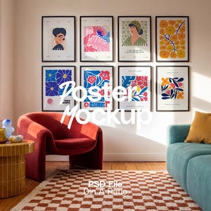 May include: An interior scene with eight framed art prints displaying floral and abstract art. A red armchair and a teal sofa are in the foreground, with a checkered rug and a small side table. The text "Poster Mockup" is overlaid on the image.